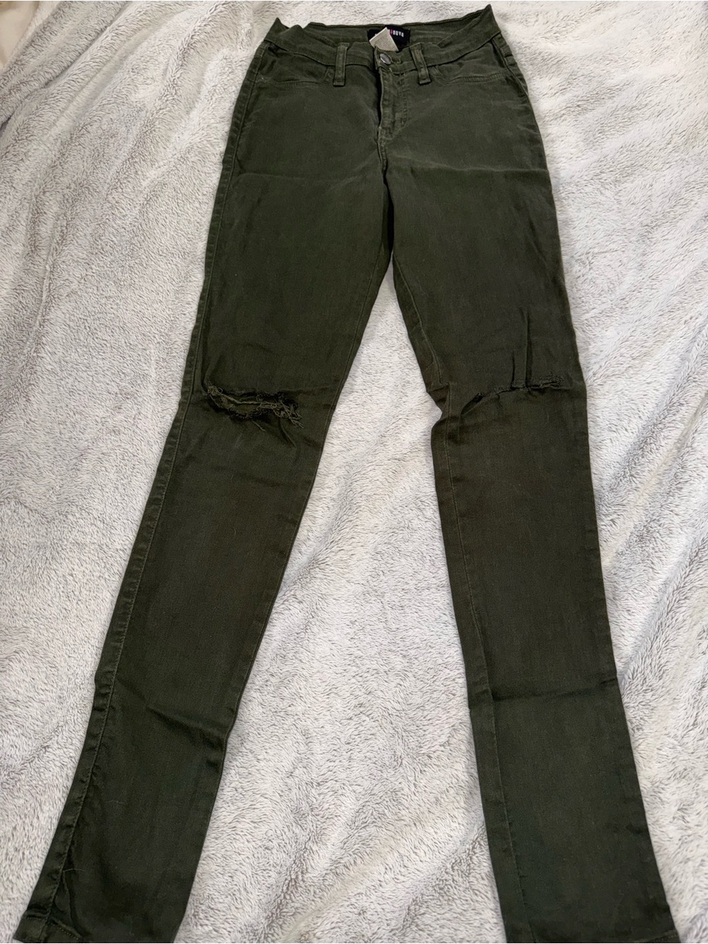 Fashion Nova Olive Green Skinny Jeans with Knee Distress